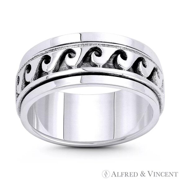 Mens Spinning Ring Sea Wave Cutout Beachbum Charm Band 925 Sterling Silver Sz.12 - Picture 1 of 1